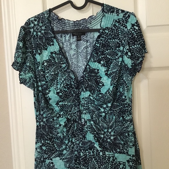 Teal Green Blue Women's Short Cup Sleeve V-Neck Ruched Front Fit and Flare Dress - Picture 2 of 11